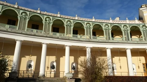 Semicircular open gallery with Doric columns of Pavlovsk Palace, Russia Stock Footage 321186029