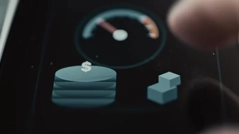 Semicircular performance gauge appears over a blue coin stack and two Stock Footage 343374640