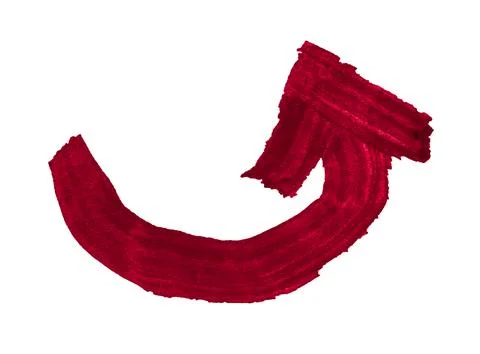A semicircular red arrow to the right and up drawn with a brush on paper. Illustrazione stock