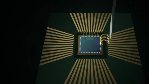 Semiconductor Chip Wire Bonding with Gold Wires Macro Animation Видео 347071457