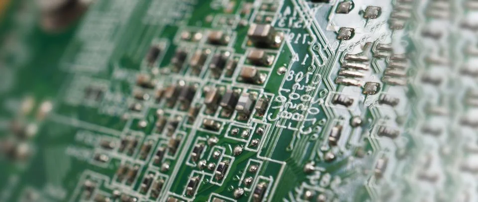 Semiconductor. cpu chip located on the green motherboard of the computer. 스톡 사진