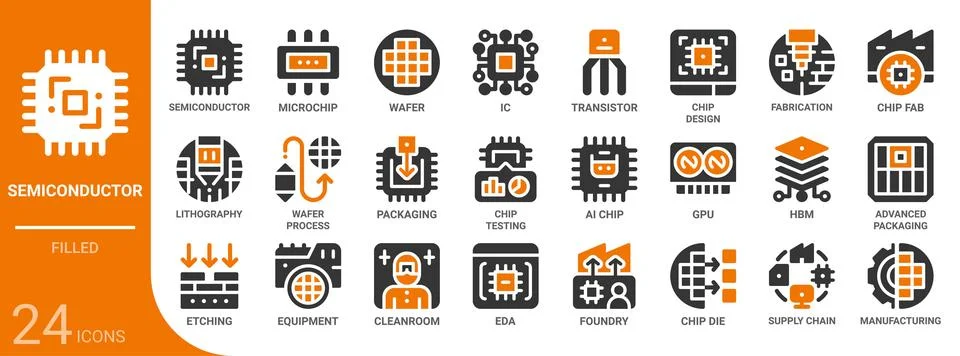 Semiconductor filled glyph icon set,24 vector icons 스톡 일러스트