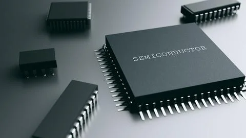 Semiconductor microchip processor on dark background. 3d rendering 库存插图