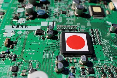 Semiconductor printed circuit board. Concept: Hinomaru semiconductor. Stockfoto's