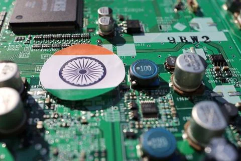 Semiconductor printed circuit board. Concept: India's semiconductor industry. Stock Photos