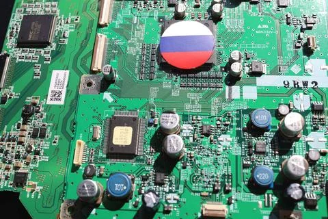 Semiconductor printed circuit board. Concept: Russia's semiconductor industry Stock Photos