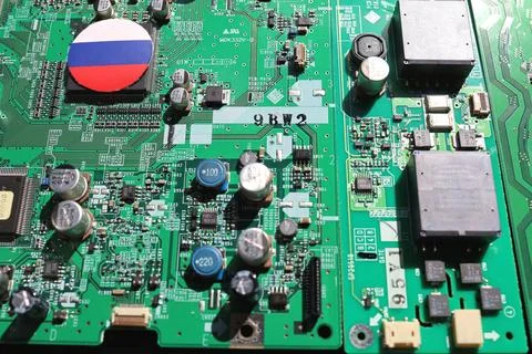 Semiconductor printed circuit board. Concept: Russia's semiconductor industry Stock Photos