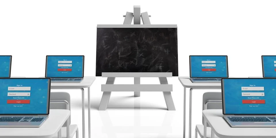 Seminar concept. Empty classroom with desks and laptops and blackboard on eas Stock Illustration