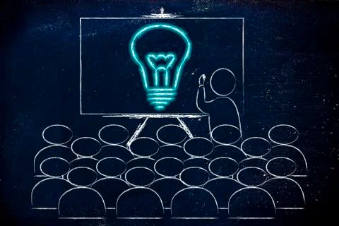 Seminar or school class with man drawing a brilliant idea on a blackboard Stock Illustration