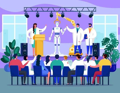 Seminar with robot technology, vector illustration, flat man woman people Stockillustratie