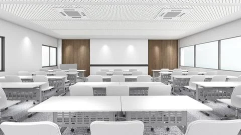 Seminar rooms in various forms, teaching rooms in white tones with soundpro.. Stock Photos