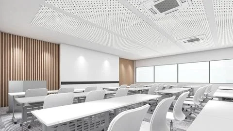 Seminar rooms in various forms, teaching rooms in white tones with soundpro.. Stock Photos