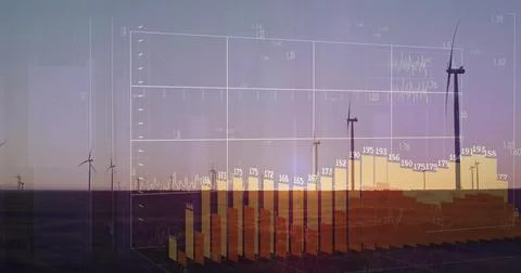 Semitransparent 3D bar chart presenting data over wind turbines at dusk, with 스톡 일러스트
