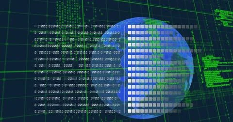 Semitransparent Earth showing binary streams and blocks in digital space, with Stock Illustration