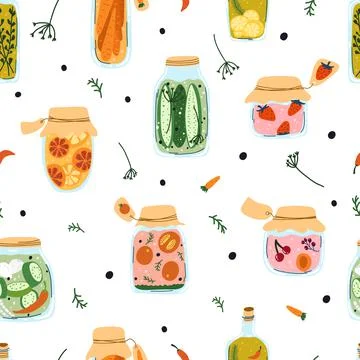 Semless pattern with home made pickles, canned fruit and vegetables in cartoo Stock Illustration