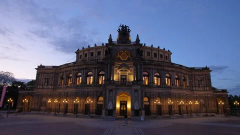 Semperoper in Dresden Sachsen Germany historic opera house on dusk panorama shot Stock Footage 302781590