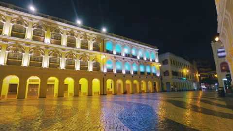 Senado Square in Macau at Night with Illuminated Portuguese Architecture Stock Footage 344603665