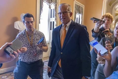 Senate Majority Leader John Thune speaks with reporters in the US Capitol, Washi Stock Photos