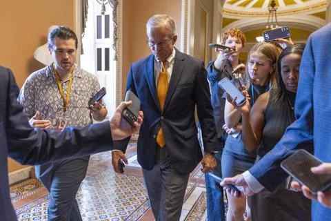 Senate Majority Leader John Thune speaks with reporters in the US Capitol, Washi Stock Photos
