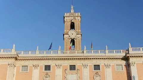 Senatorial Palace bell tower at Piazza del Campidoglio, Capitoline Hill, Rome Stock Footage 95777340