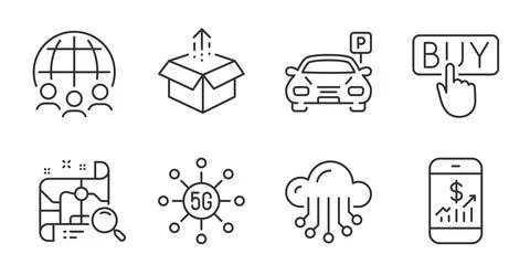 Send box, 5g technology and Buying icons set. Mobile finance, Search map and Stockillustratie