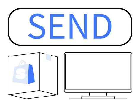 SEND button in blue above a shipping box and computer screen. Ideal for onlin Stock Illustration