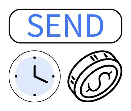 Send button, clock, and dollar coin streamlining time and money transaction.. Stock Illustration