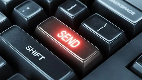 Send button on keyboard. Sending message. Send text on dark keyboard. 3D render. Stock Illustration