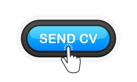 Send CV blue realistic 3D button isolated on white background. Hand clicked.  Stock Illustration
