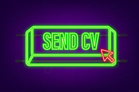 Send cv button in neon style on blue background. Flat button on white background 스톡 일러스트