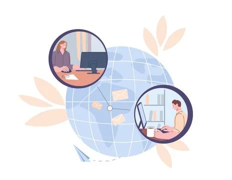 Send e-mail concept. Remote distance work, freelancers collaboration. Office Stock Illustration