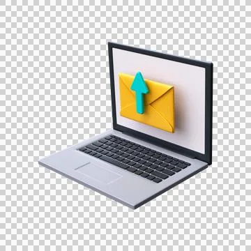 Send Email 3d Icon. Sending an email using a laptop. Mailing list. Stock Illustration