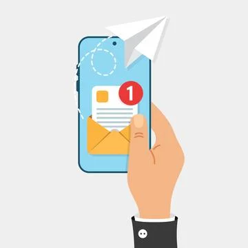 Send email from smartphone in hand icon in flat style. Paper plane vector i.. Stock Illustration