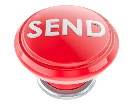 SEND red push button. 3D rendering Illustrazione stock