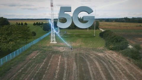 Sending Data Through 5G Network and Communication Towers, Animated Aerial View Stock Photos