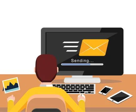 Sending email process on desktop screen concept. Email. Person working on com Stock Illustration