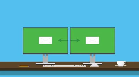 Sending email send two  pc computer envelope transfer Stock Illustration