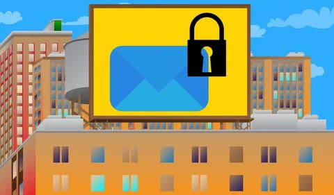 Sending encrypted E-Mail protection blue secure mail internet symbol on a bil Stock Illustration