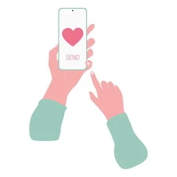 Sending Love Message concept. Hand holding Phone with Heart, Send button and  Stock Illustration