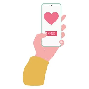 Sending love message concept. Hand holding Phone with heart, Send button on t Stock Illustration