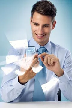 Sending mail - smiling man using futuristic phone Stock Illustration