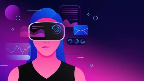 Sending Mails and Working in Metaverse. Virtual Reality Job Graphic Illustration Stock Illustration