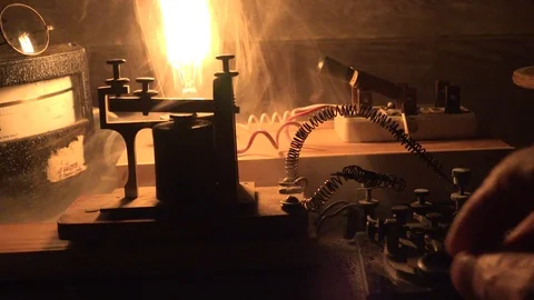 Sending Morse Code, burning telegraph station Stock Footage 99657331