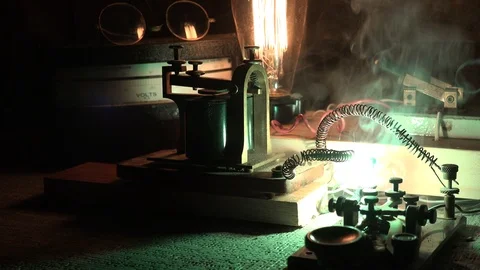 Sending Morse Code, burning wires on telegraph station key Stock Footage 99657539