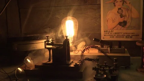 Sending Morse Code, Electrical fire and smoke WWI, slider dolly Stock Footage 99702255