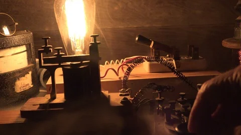 Sending Morse Code, fire in the telegraph station Stock Footage 99659128