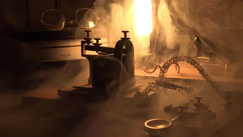 Sending Morse Code, fire at the telegraph office, slider dolly Stock Footage 99659925