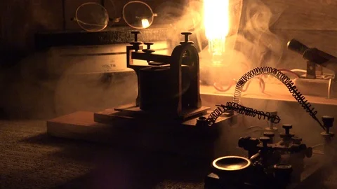 Sending Morse Code, smoky telegraph office, smoke overwhelms  operator Stock Footage 99659824