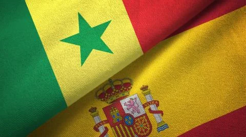 Senegal and Spain two flags textile cloth, fabric texture Stock Illustration