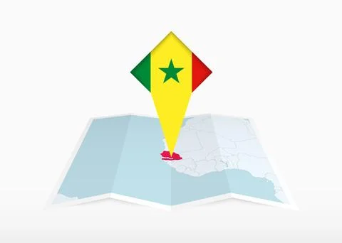 Senegal is depicted on a folded paper map and pinned location marker with f.. Stock Illustration